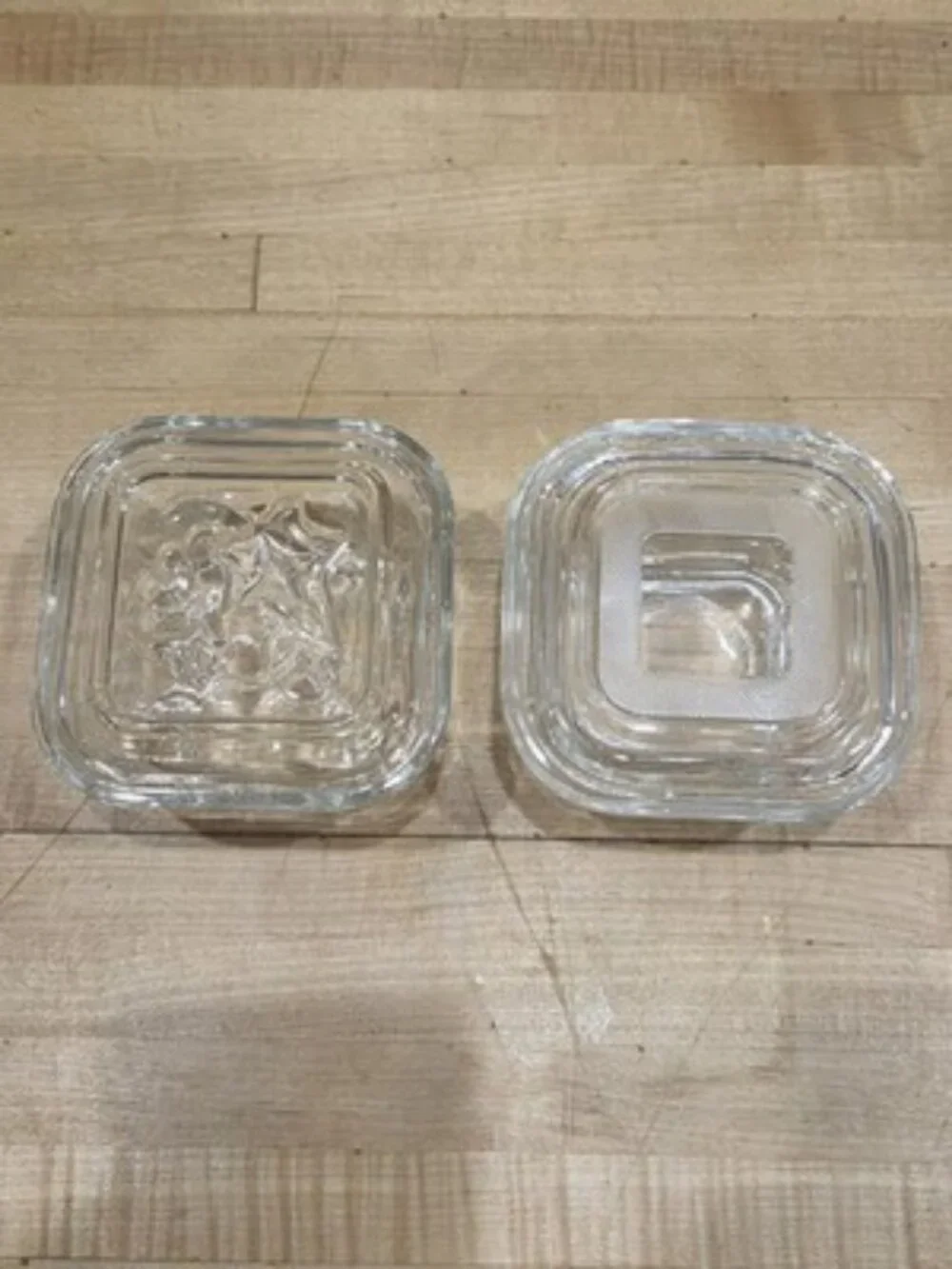 Vintage Federal Glass Square Refrigerator Dishes Mismatched Lids Set of 2